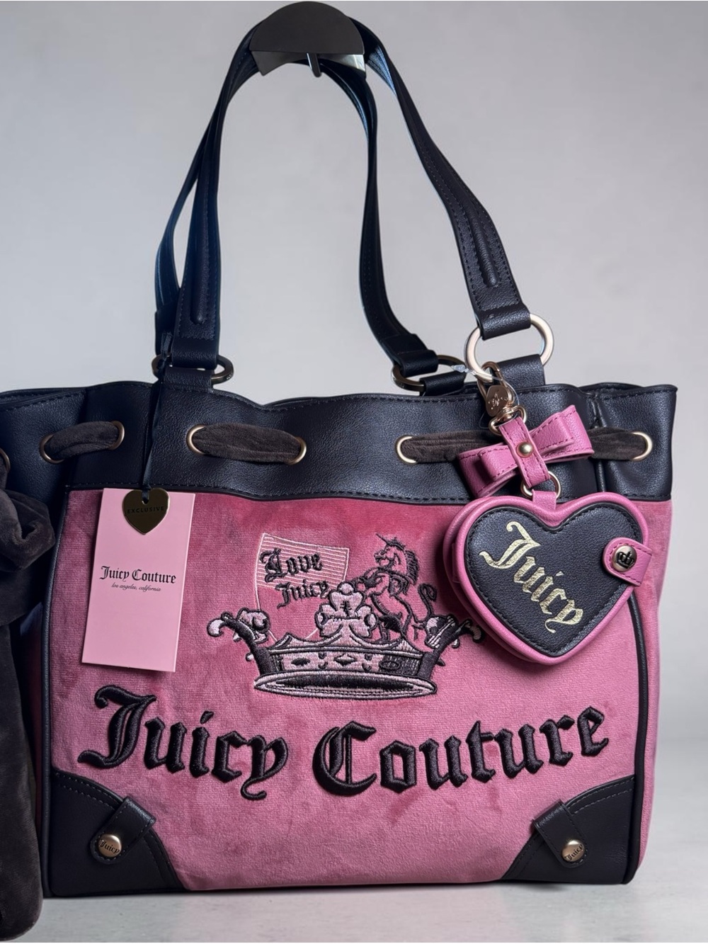 Juicy Couture Pink and Black Suede Tote with Heart Charm